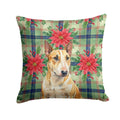 Miniature Bull Terrier Christmas PoinsettIas Decorative Throw Pillow 14x14 Indoor Outdoor Accent Cushion, Fabric Cover with Insert for Sofa, Bed, Porch & Living Room