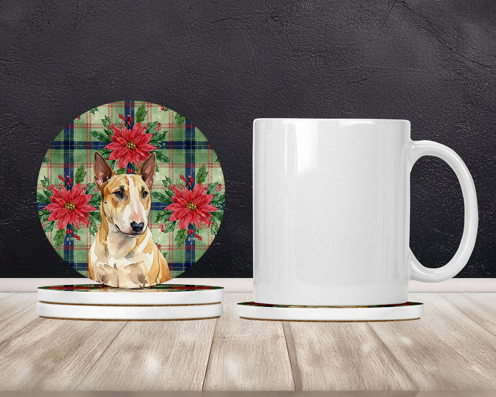 Miniature Bull Terrier Christmas PoinsettIas Large Sandstone Coasters Pack of 4 Absorbent Round Coasters Decor Gifts for Men or Women, 4 in, Multicolor
