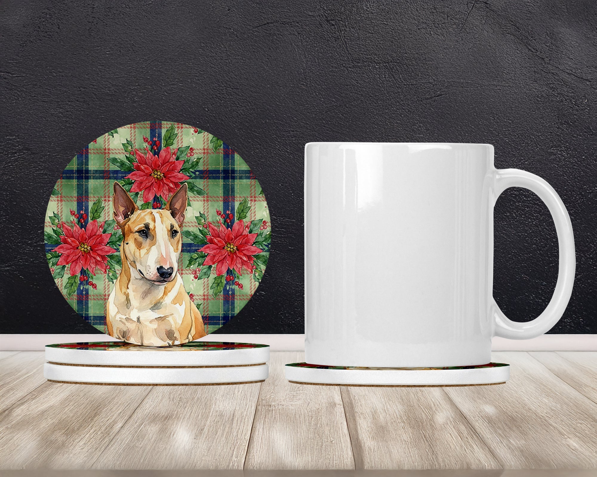 Miniature Bull Terrier Christmas PoinsettIas Large Sandstone Coasters Pack of 4 Absorbent Round Coasters Decor Gifts for Men or Women, 4 in, Multicolor
