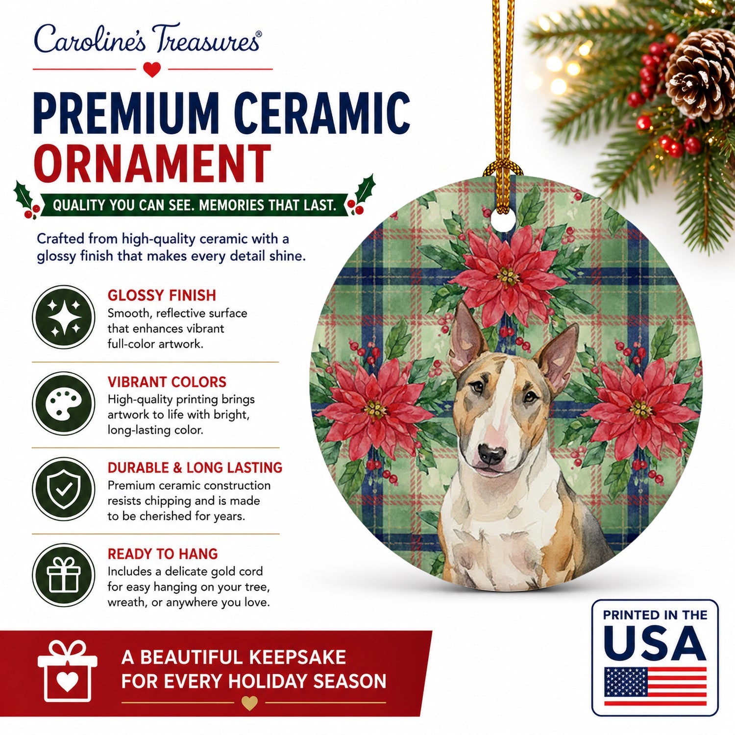 Tricolor Miniature Bull Terrier Christmas PoinsettIas Ceramic Ornament Christmas Tree Hanging Decorations for Home Christmas Holiday, Party, Gift, 3 in, Multicolor