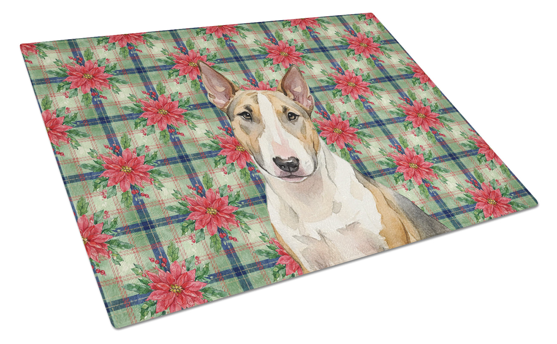 Tricolor Miniature Bull Terrier Christmas PoinsettIas Cutting Board Tempered Glass Kitchen Cutting Surface, Heat Resistant Chopping, Non-Slip Feet, Food Prep & Serving