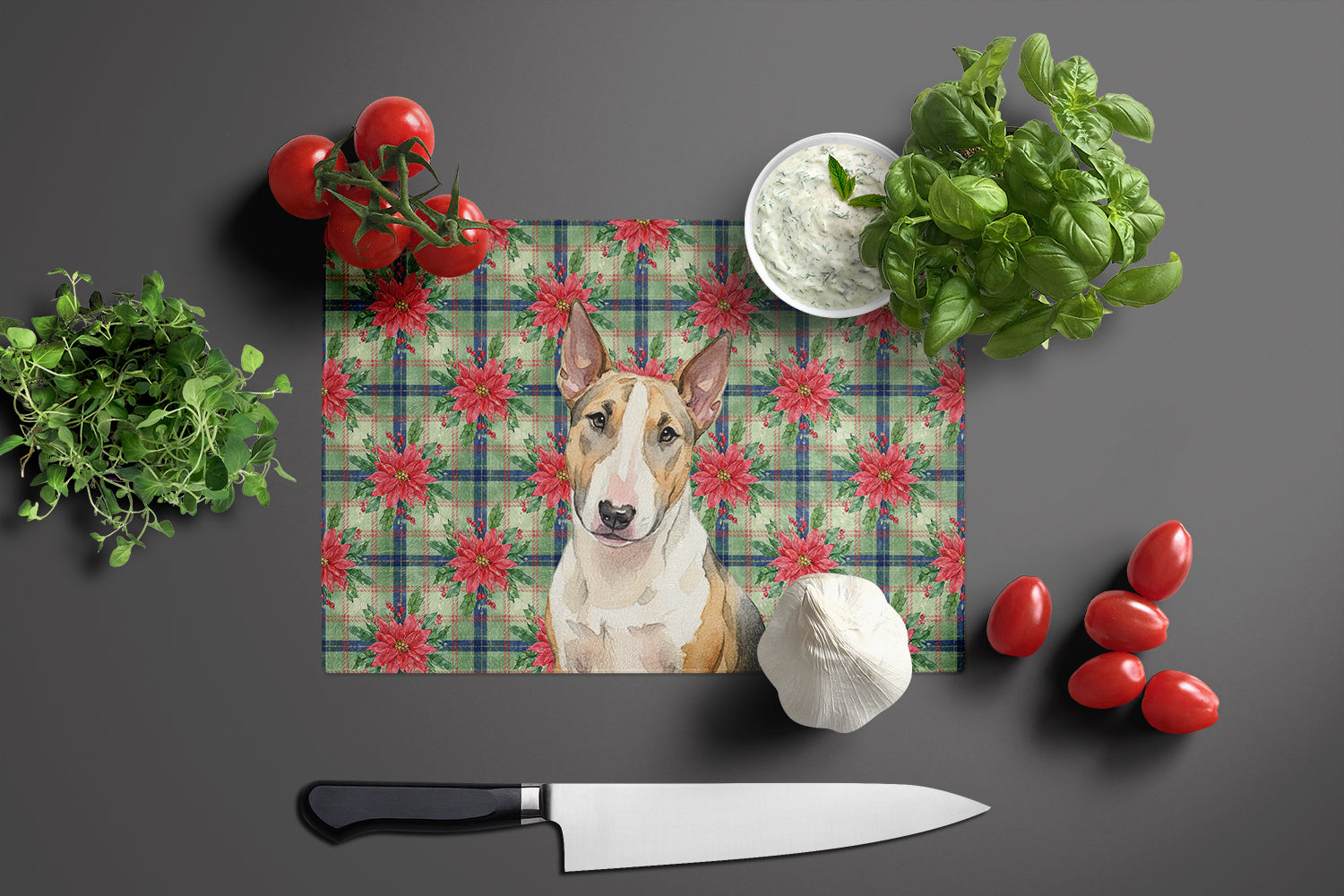 Tricolor Miniature Bull Terrier Christmas PoinsettIas Cutting Board Tempered Glass Kitchen Cutting Surface, Heat Resistant Chopping, Non-Slip Feet, Food Prep & Serving
