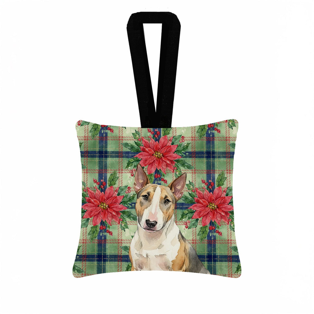 Tricolor Miniature Bull Terrier Christmas PoinsettIas Hanging Square Fabric Ornament 3.5 � 3.5 Decorative Door-Knob & Tree Hanger, Soft Fabric