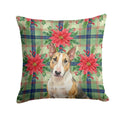 Tricolor Miniature Bull Terrier Christmas PoinsettIas Decorative Throw Pillow 14x14 Indoor Outdoor Accent Cushion, Fabric Cover with Insert for Sofa, Bed, Porch & Living Room