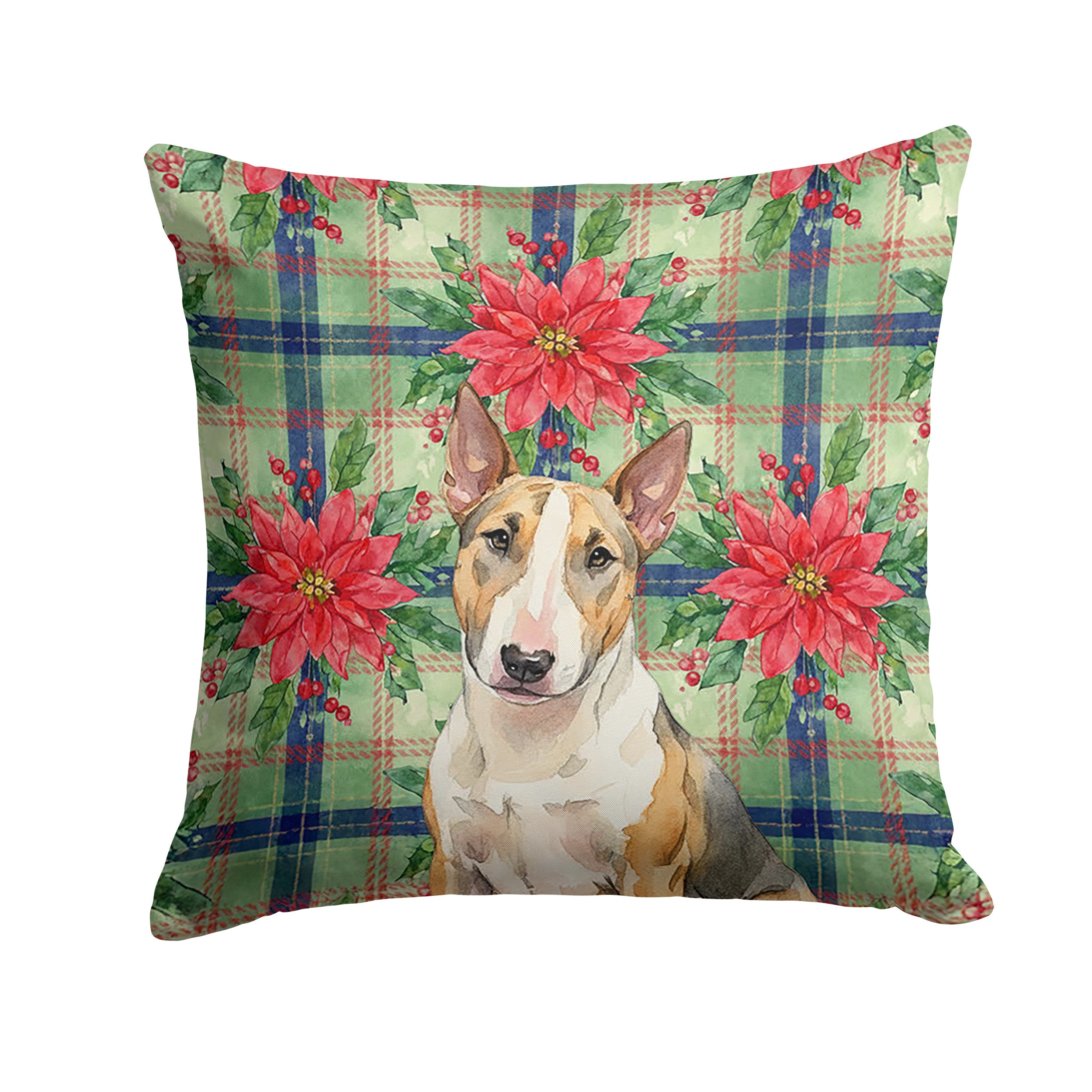 Tricolor Miniature Bull Terrier Christmas PoinsettIas Decorative Throw Pillow 14x14 Indoor Outdoor Accent Cushion, Fabric Cover with Insert for Sofa, Bed, Porch & Living Room