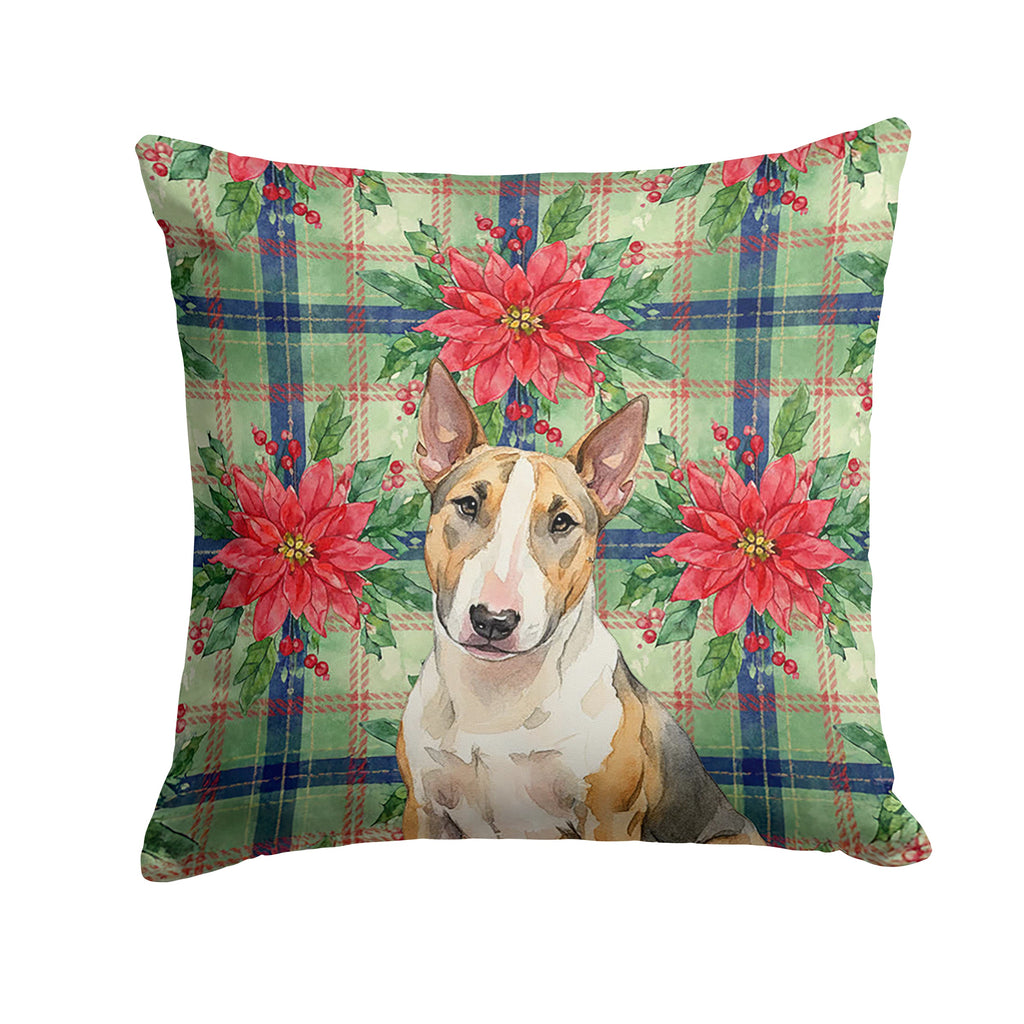 Tricolor Miniature Bull Terrier Christmas PoinsettIas Decorative Throw Pillow 18x18 Indoor Outdoor Accent Cushion, Fabric Cover with Insert for Sofa, Bed, Porch & Living Room