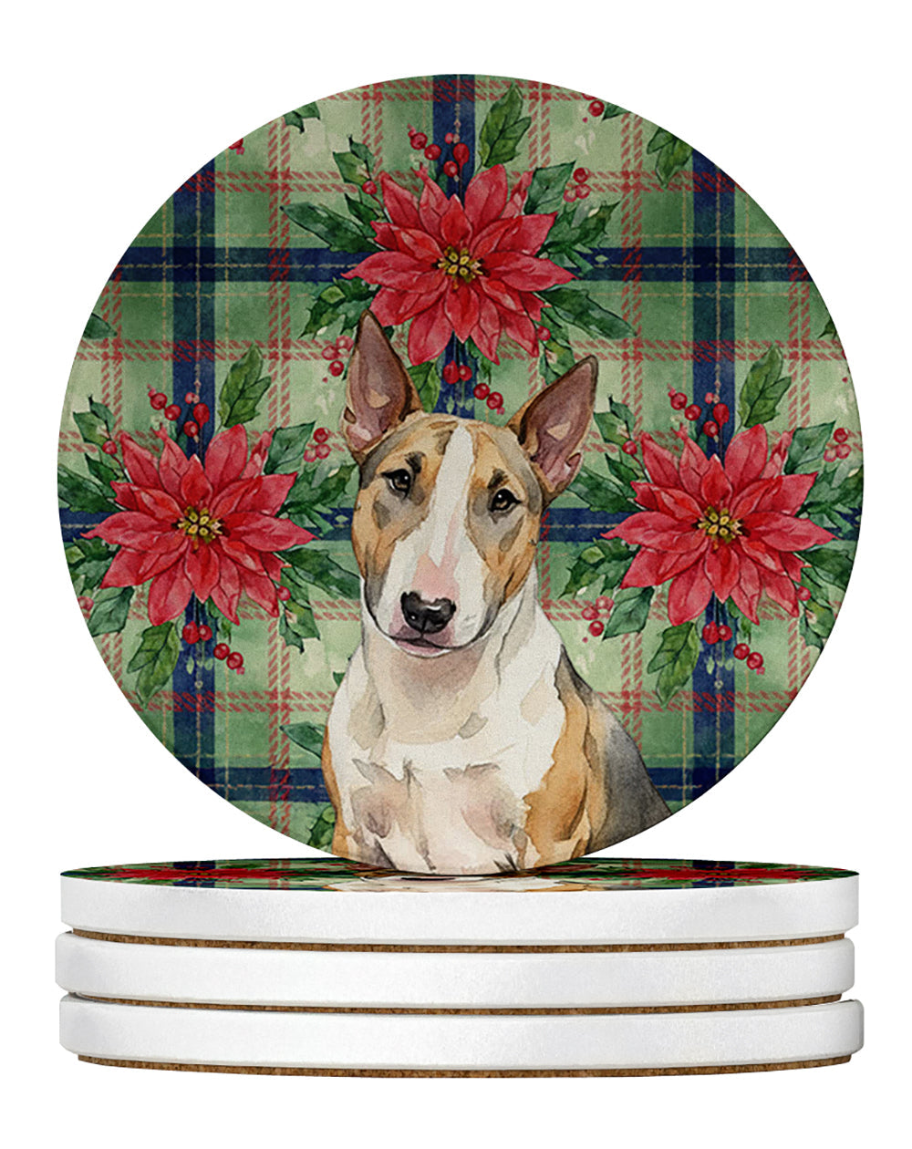 Tricolor Miniature Bull Terrier Christmas PoinsettIas Large Sandstone Coasters Pack of 4 Absorbent Round Coasters Decor Gifts for Men or Women, 4 in, Multicolor