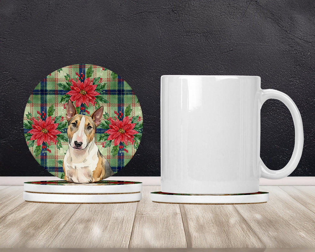 Tricolor Miniature Bull Terrier Christmas PoinsettIas Large Sandstone Coasters Pack of 4 Absorbent Round Coasters Decor Gifts for Men or Women, 4 in, Multicolor