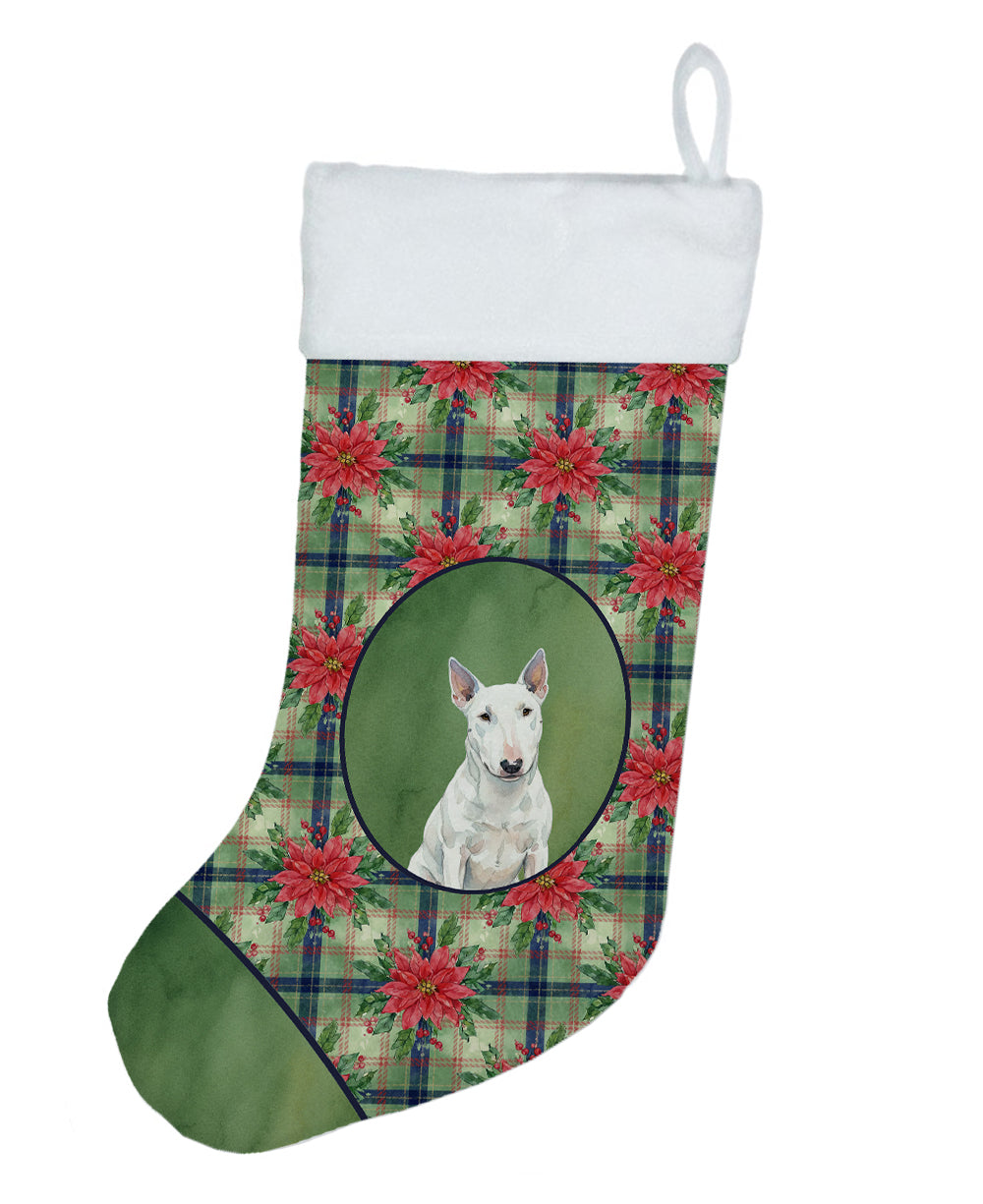 White Miniature Bull Terrier Christmas PoinsettIas Holiday Stocking Double-Sided Print, Polyester Suede,11x18, Made in USA