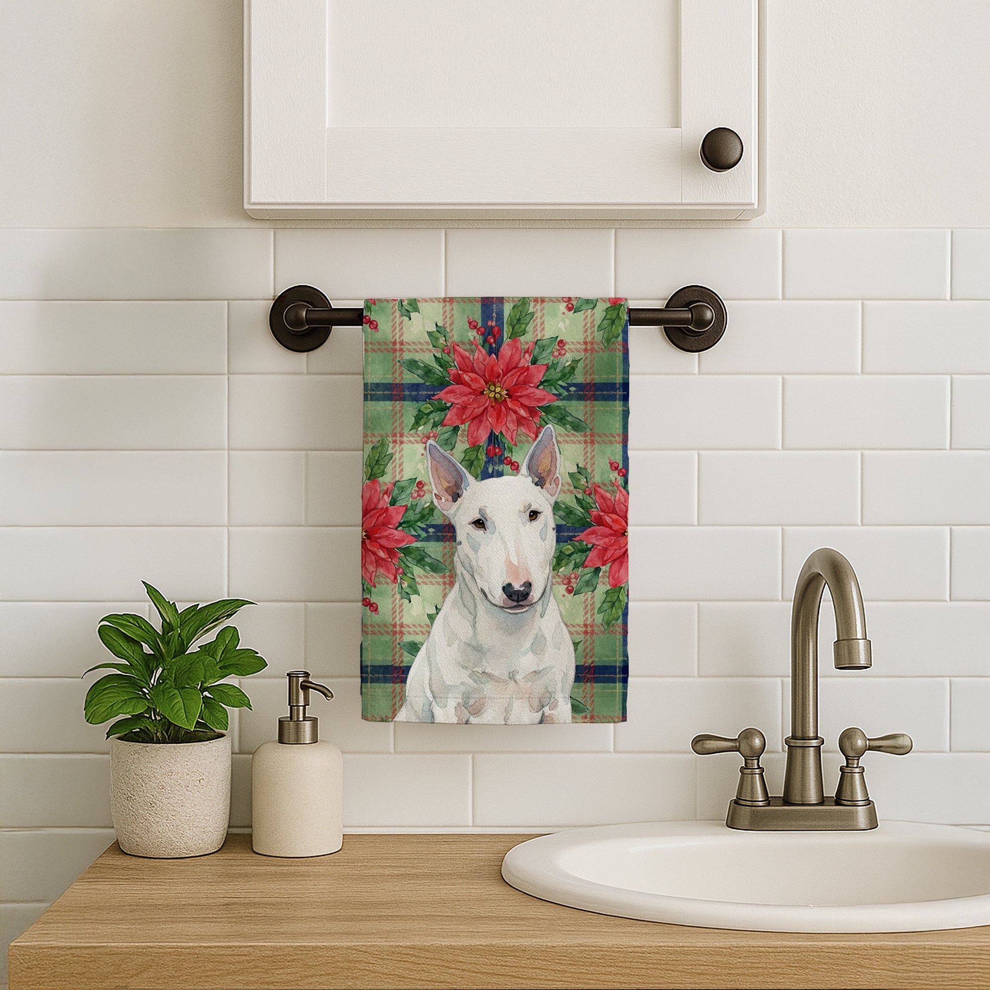 White Miniature Bull Terrier Christmas PoinsettIas Kitchen Towel Velour Plush Front and Cotton Loop Back Machine Washable