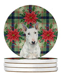 White Miniature Bull Terrier Christmas PoinsettIas Large Sandstone Coasters Pack of 4 Absorbent Round Coasters Decor Gifts for Men or Women, 4 in, Multicolor