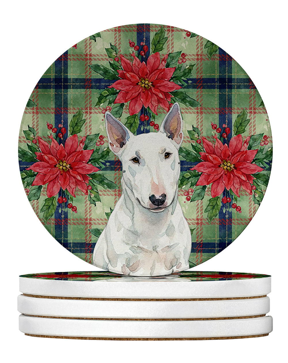 White Miniature Bull Terrier Christmas PoinsettIas Large Sandstone Coasters Pack of 4 Absorbent Round Coasters Decor Gifts for Men or Women, 4 in, Multicolor