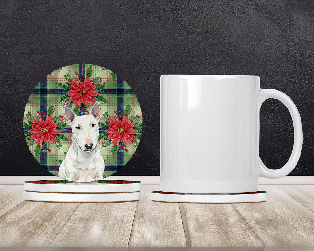 White Miniature Bull Terrier Christmas PoinsettIas Large Sandstone Coasters Pack of 4 Absorbent Round Coasters Decor Gifts for Men or Women, 4 in, Multicolor