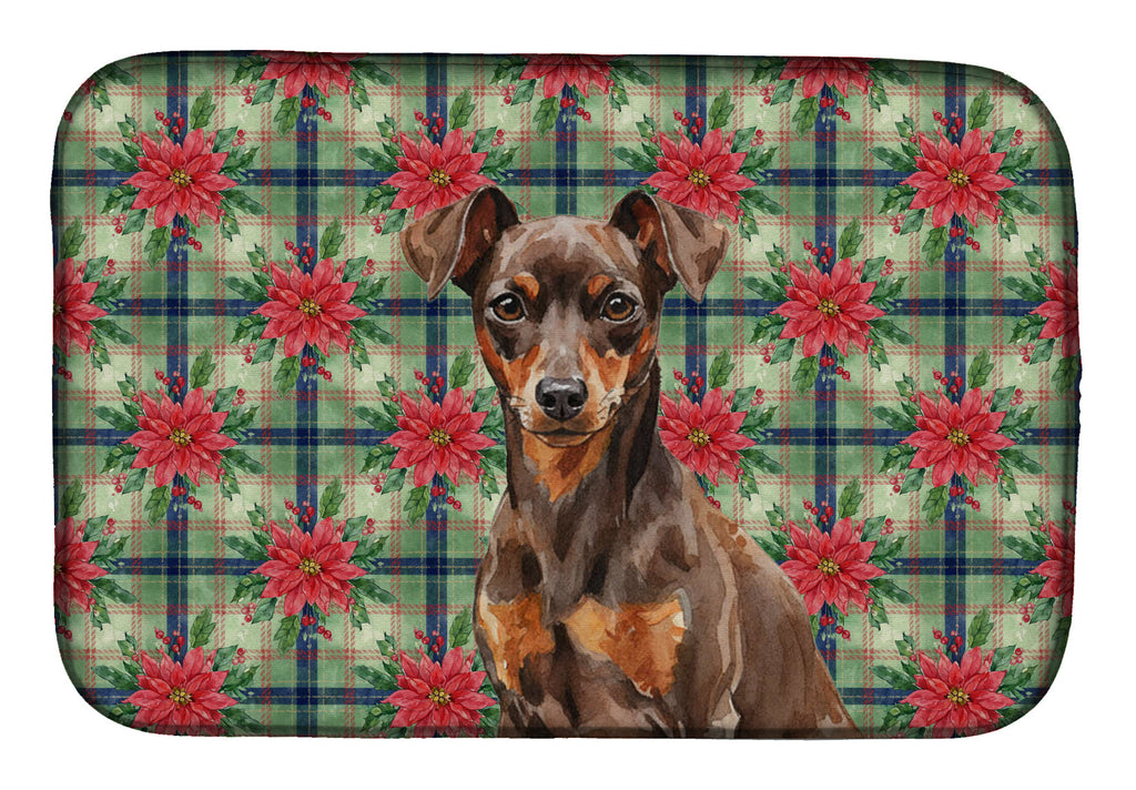 Chocolate and Rust Miniature Pinscher Min Pin Christmas PoinsettIas Dish Drying Mat Absorbent Dish Drying Mat Pad for Kitchen Counter Dish Drainer Mat for Countertop, 14 x 21", Multicolor
