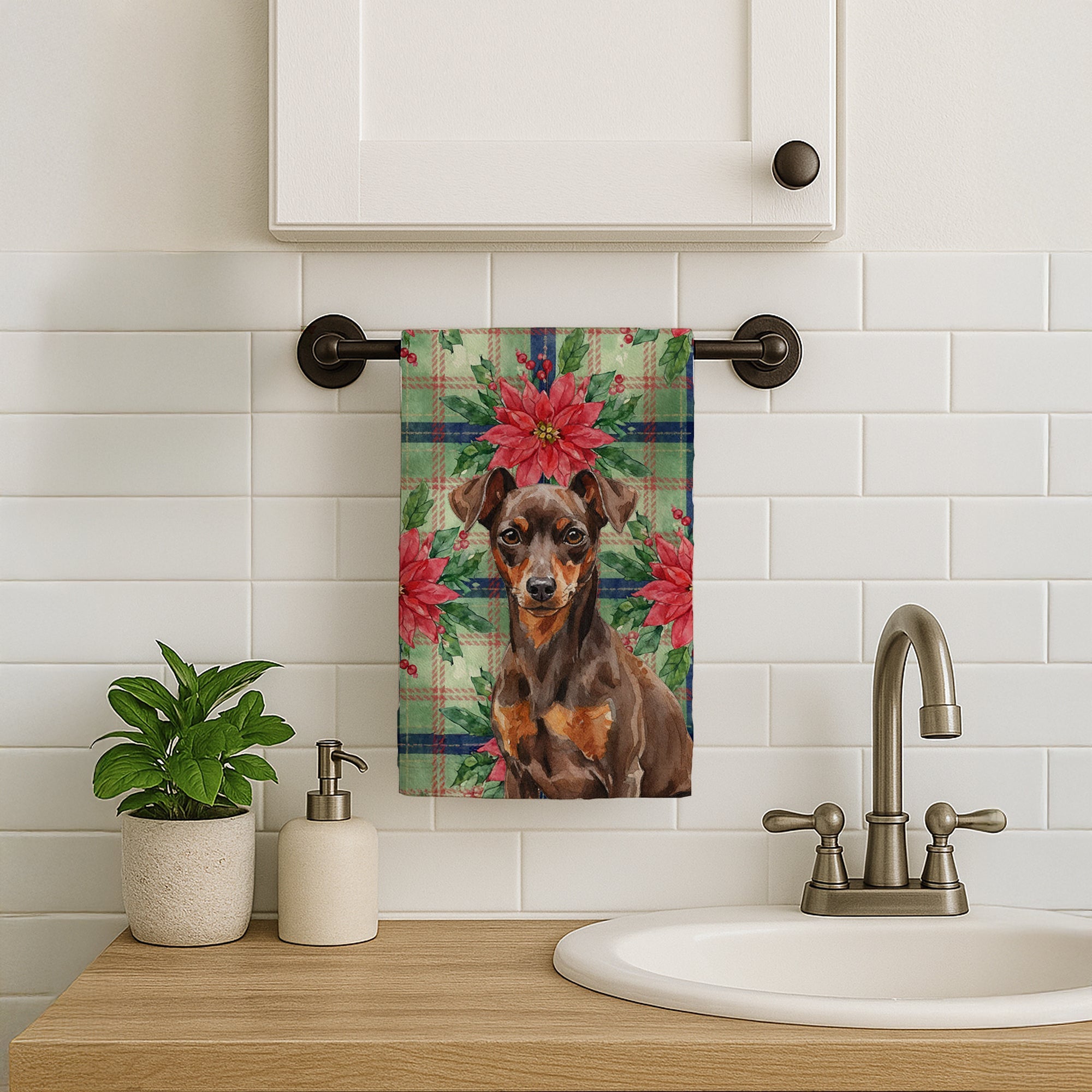 Chocolate and Rust Miniature Pinscher Min Pin Christmas PoinsettIas Kitchen Towel Velour Plush Front and Cotton Loop Back Machine Washable