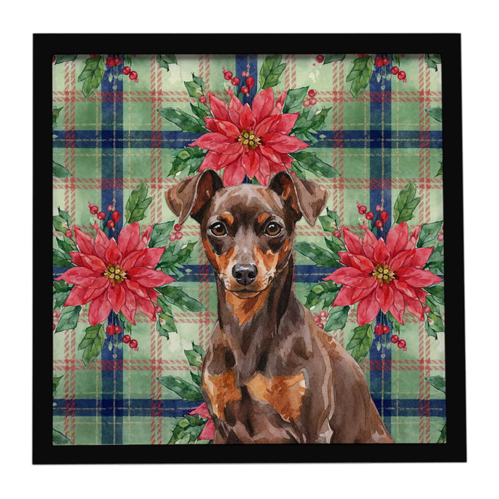 Chocolate and Rust Miniature Pinscher Min Pin Christmas PoinsettIas Framed Metal Print Bathroom, Kitchen, Office, Home Decor Wall Art Ready to Hang, Square, 8X8