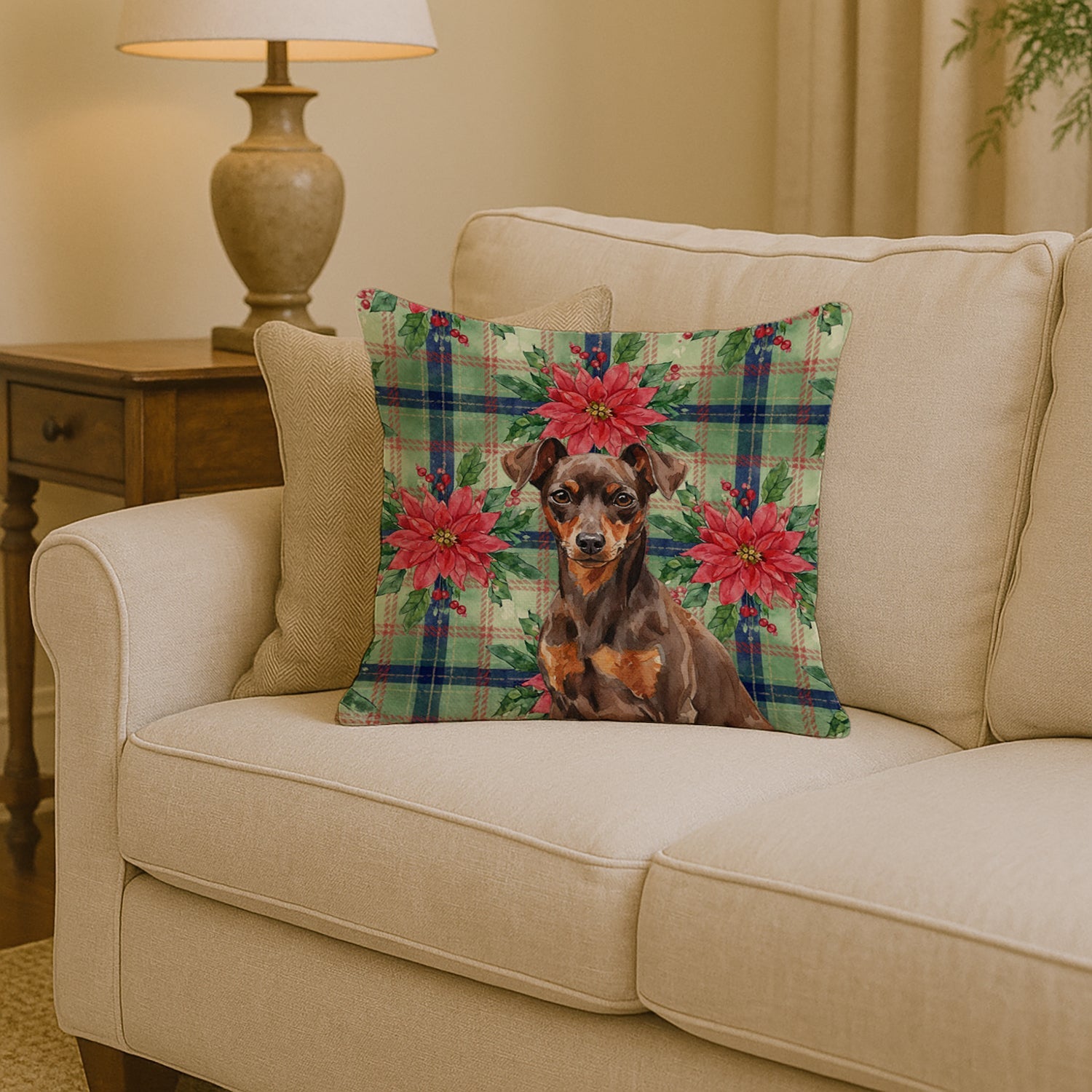 Chocolate and Rust Miniature Pinscher Min Pin Christmas PoinsettIas Decorative Throw Pillow 14x14 Indoor Outdoor Accent Cushion, Fabric Cover with Insert for Sofa, Bed, Porch & Living Room