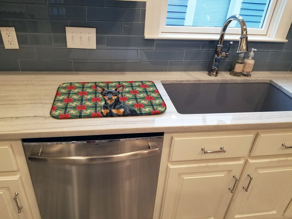 Black and Tan Miniature Pinscher Christmas PoinsettIas Dish Drying Mat Absorbent Dish Drying Mat Pad for Kitchen Counter Dish Drainer Mat for Countertop, 14 x 21", Multicolor