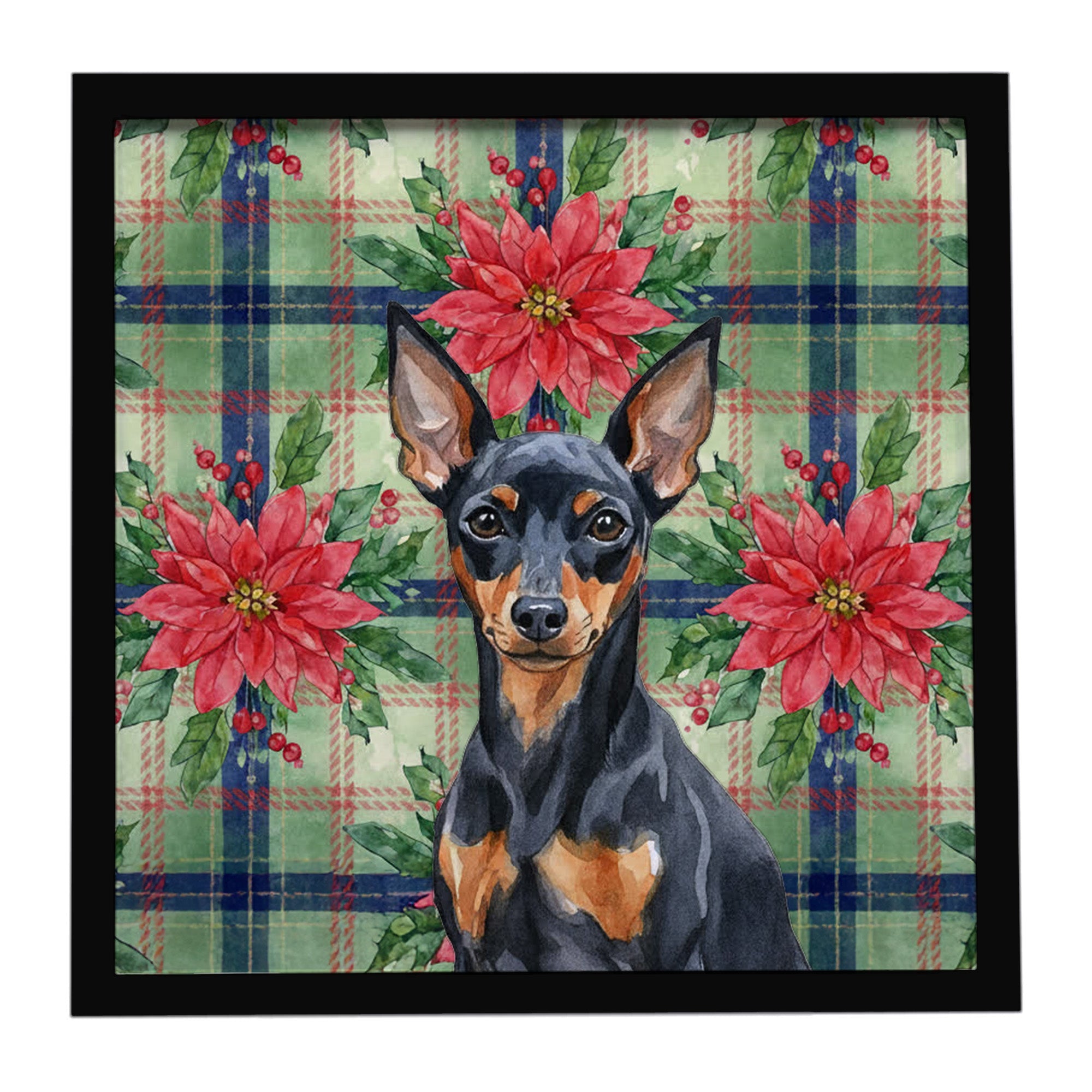 Black and Tan Miniature Pinscher Christmas PoinsettIas Framed Metal Print Bathroom, Kitchen, Office, Home Decor Wall Art Ready to Hang, Square, 8X8