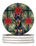 Black and Tan Miniature Pinscher Christmas PoinsettIas Large Sandstone Coasters Pack of 4 Absorbent Round Coasters Decor Gifts for Men or Women, 4 in, Multicolor