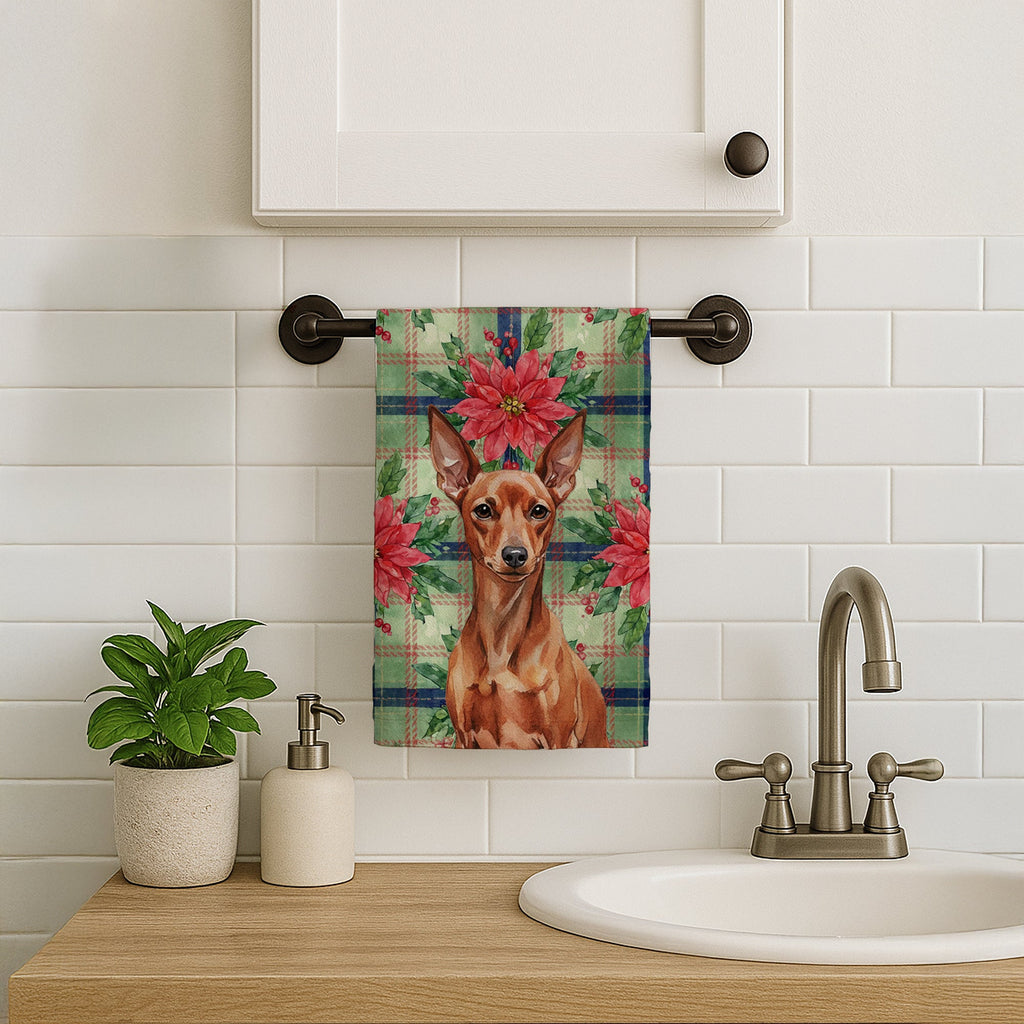 Red Miniature Pinscher Min Pin Christmas PoinsettIas Kitchen Towel Velour Plush Front and Cotton Loop Back Machine Washable