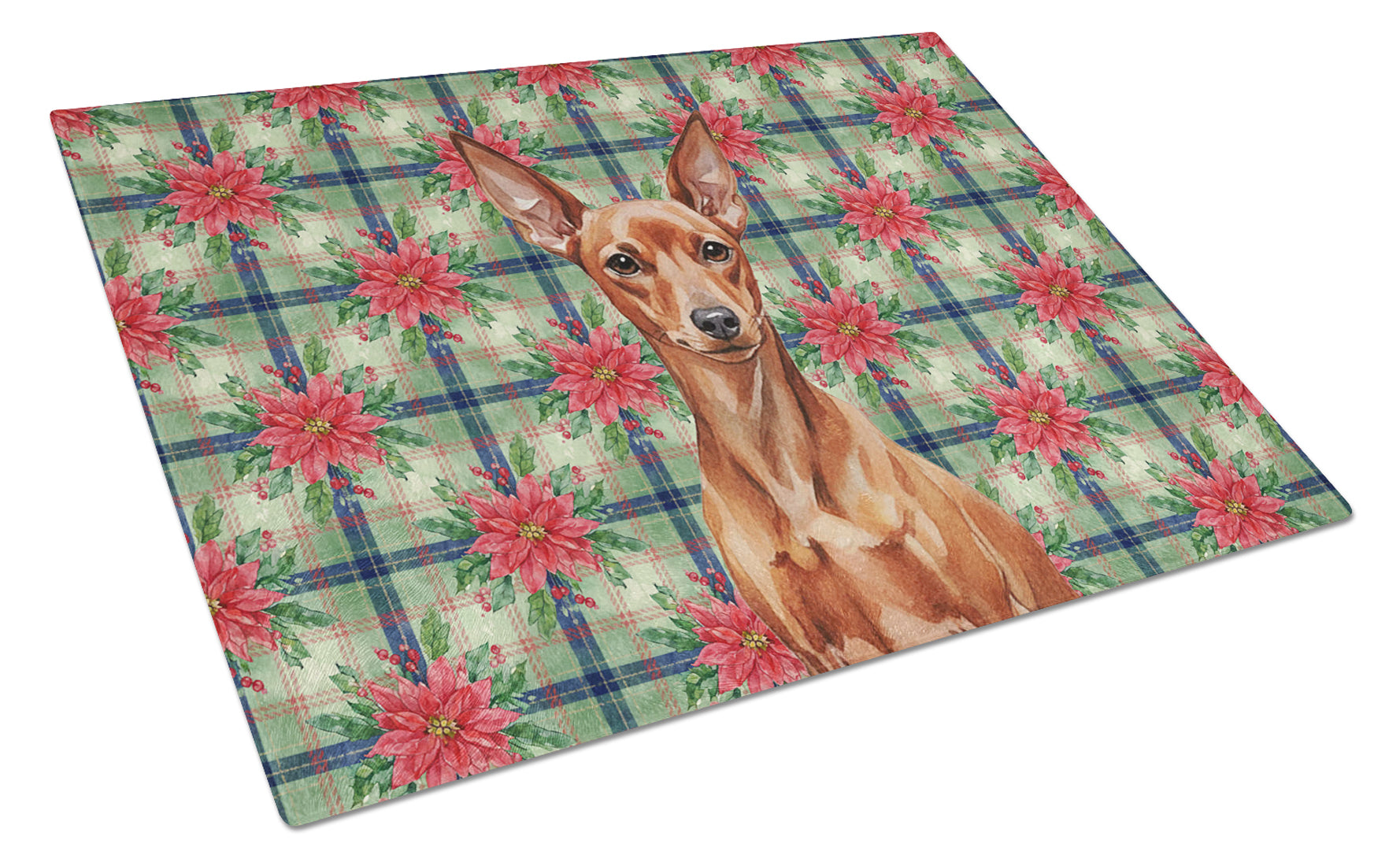 Red Miniature Pinscher Min Pin Christmas PoinsettIas Cutting Board Tempered Glass Kitchen Cutting Surface, Heat Resistant Chopping, Non-Slip Feet, Food Prep & Serving