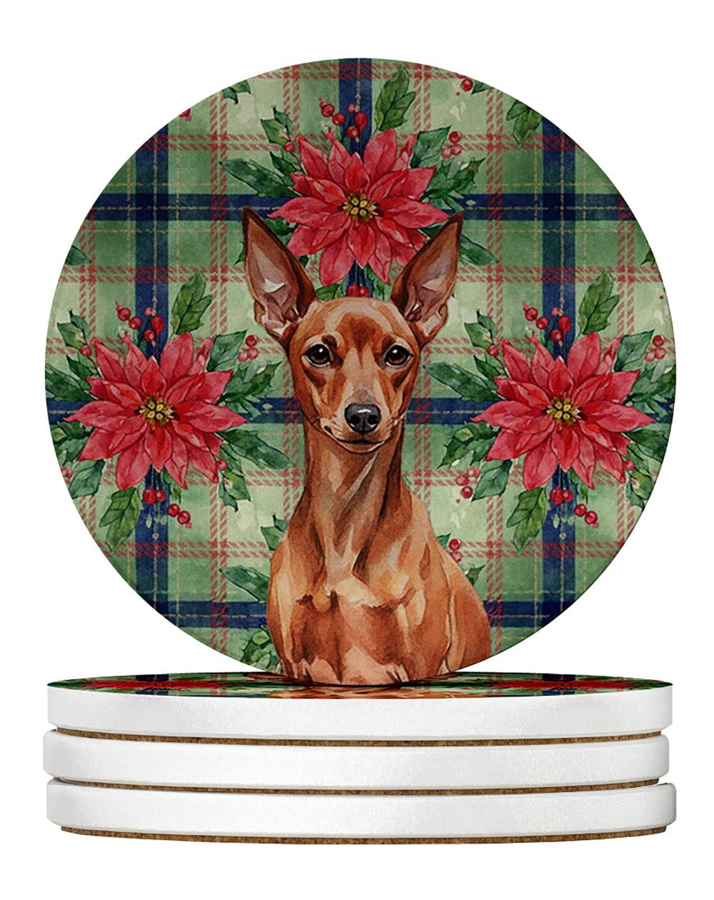 Red Miniature Pinscher Min Pin Christmas PoinsettIas Large Sandstone Coasters Pack of 4 Absorbent Round Coasters Decor Gifts for Men or Women, 4 in, Multicolor