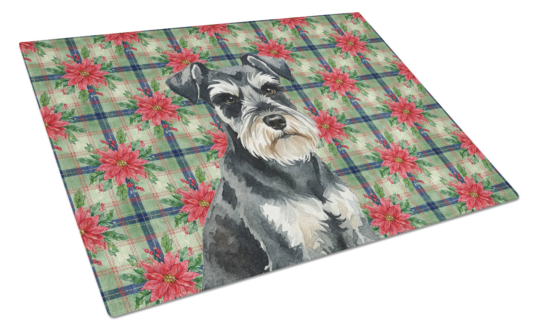 Black & Silver Miniature Schnauzer Christmas PoinsettIas Cutting Board Tempered Glass Kitchen Cutting Surface, Heat Resistant Chopping, Non-Slip Feet, Food Prep & Serving