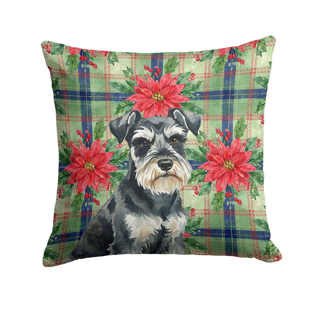 Black & Silver Miniature Schnauzer Christmas PoinsettIas Decorative Throw Pillow 14x14 Indoor Outdoor Accent Cushion, Fabric Cover with Insert for Sofa, Bed, Porch & Living Room