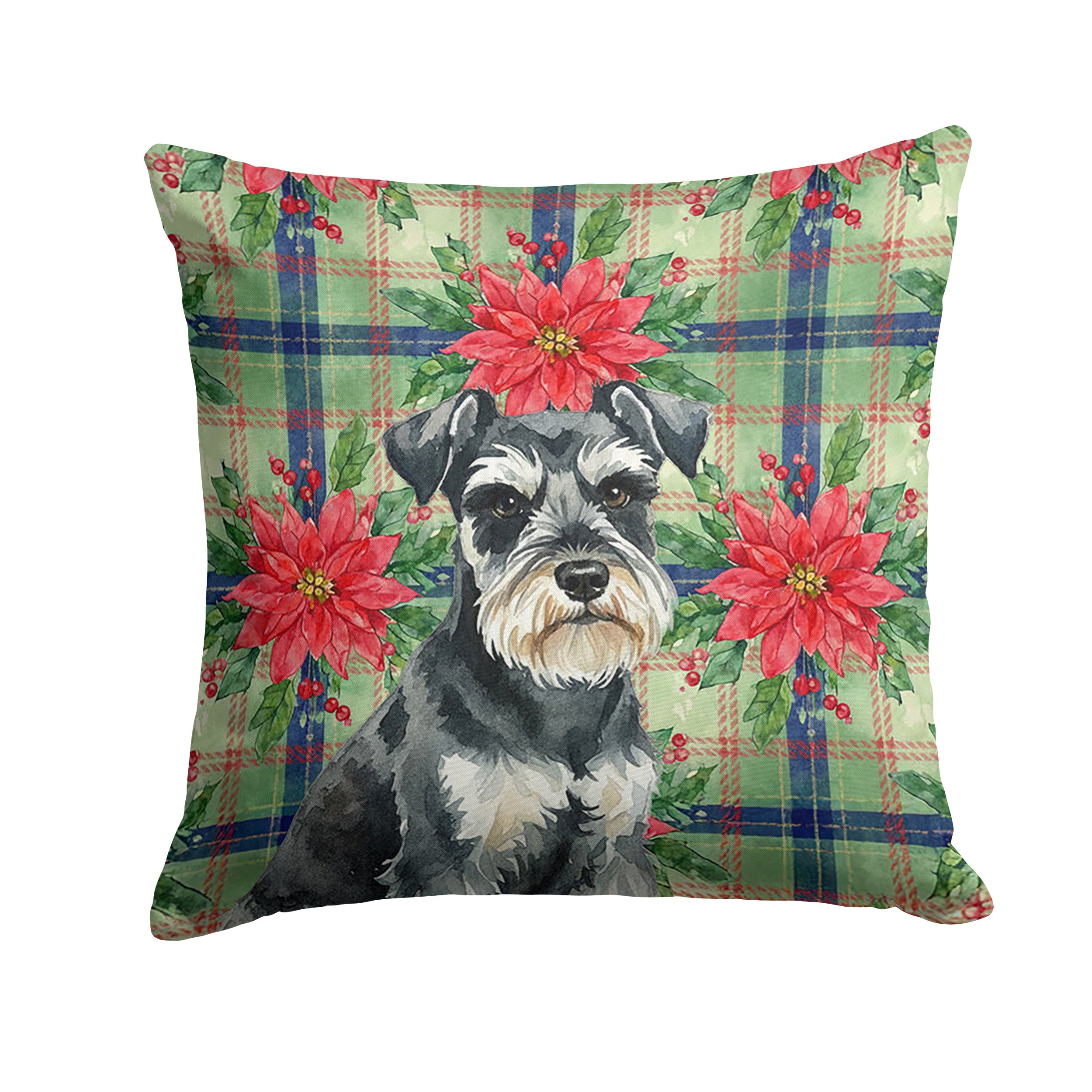 Black & Silver Miniature Schnauzer Christmas PoinsettIas Decorative Throw Pillow 14x14 Indoor Outdoor Accent Cushion, Fabric Cover with Insert for Sofa, Bed, Porch & Living Room