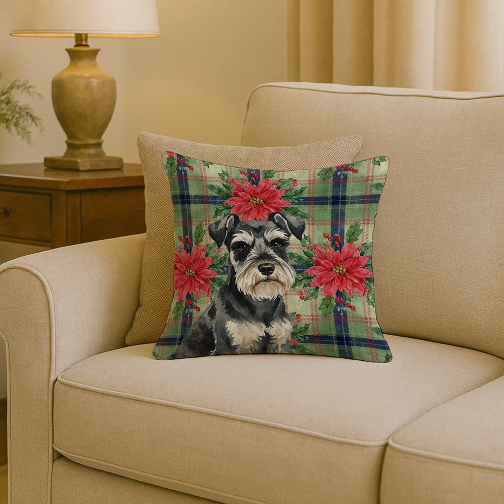 Black & Silver Miniature Schnauzer Christmas PoinsettIas Decorative Throw Pillow 18x18 Indoor Outdoor Accent Cushion, Fabric Cover with Insert for Sofa, Bed, Porch & Living Room