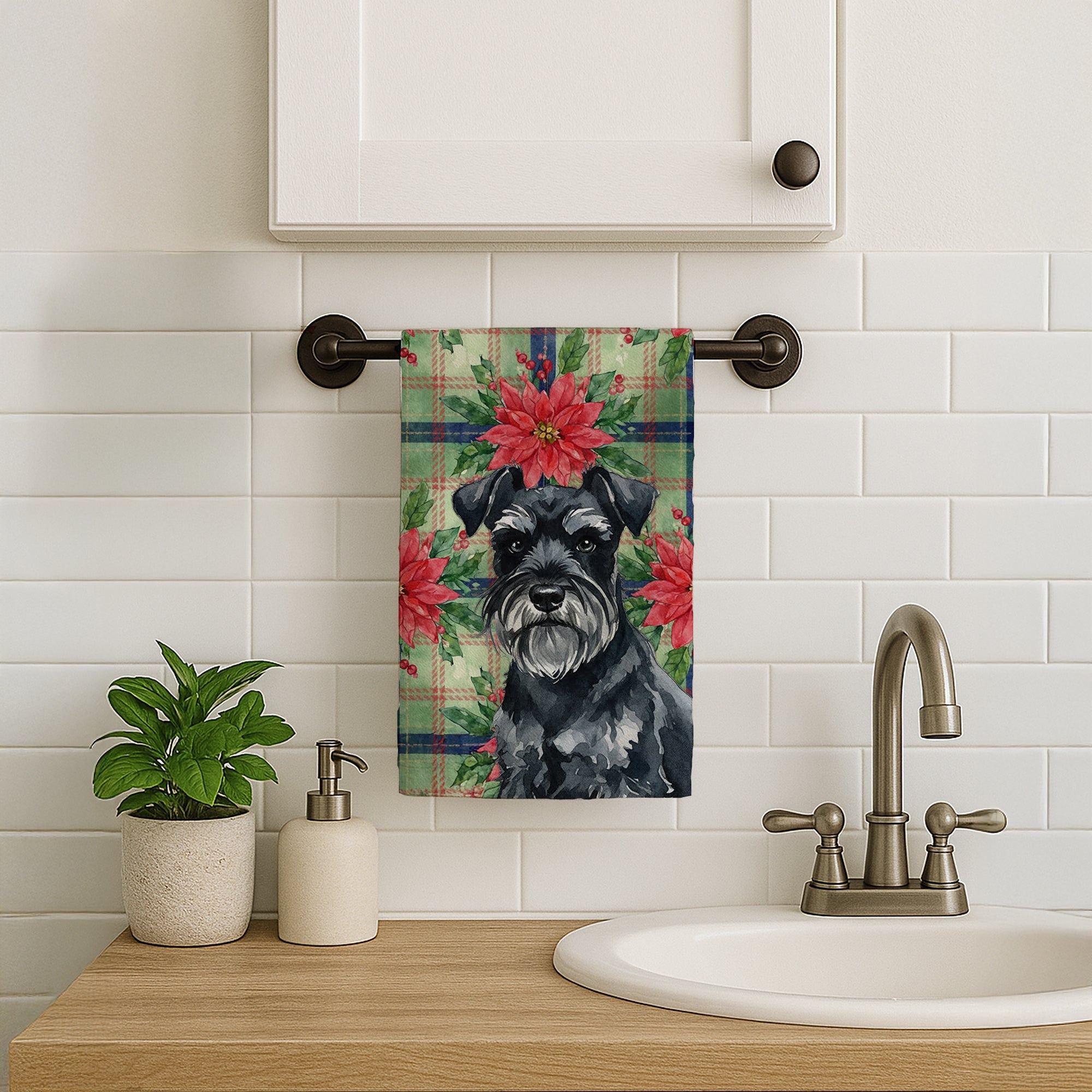 Black Miniature Schnauzer Christmas PoinsettIas Kitchen Towel Velour Plush Front and Cotton Loop Back Machine Washable