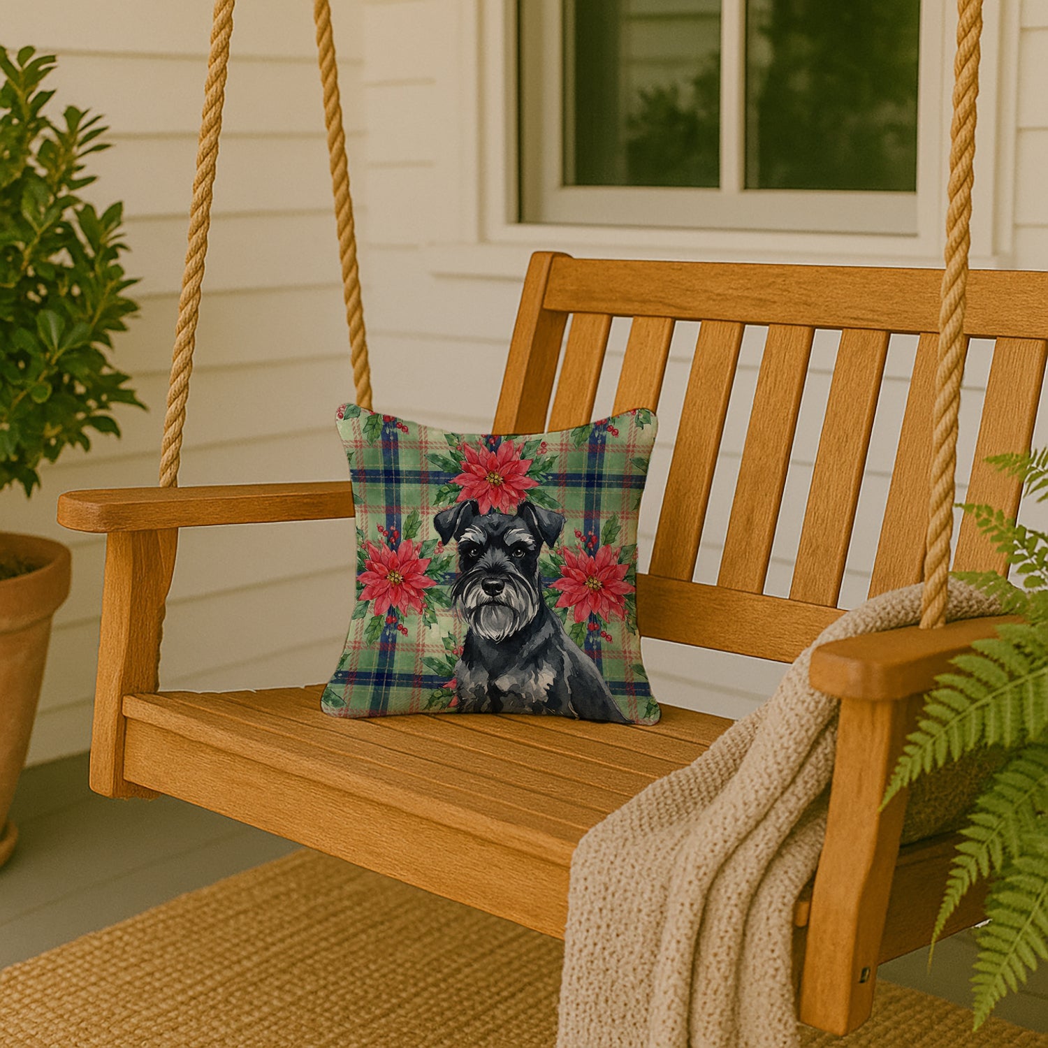 Black Miniature Schnauzer Christmas PoinsettIas Decorative Throw Pillow 14x14 Indoor Outdoor Accent Cushion, Fabric Cover with Insert for Sofa, Bed, Porch & Living Room