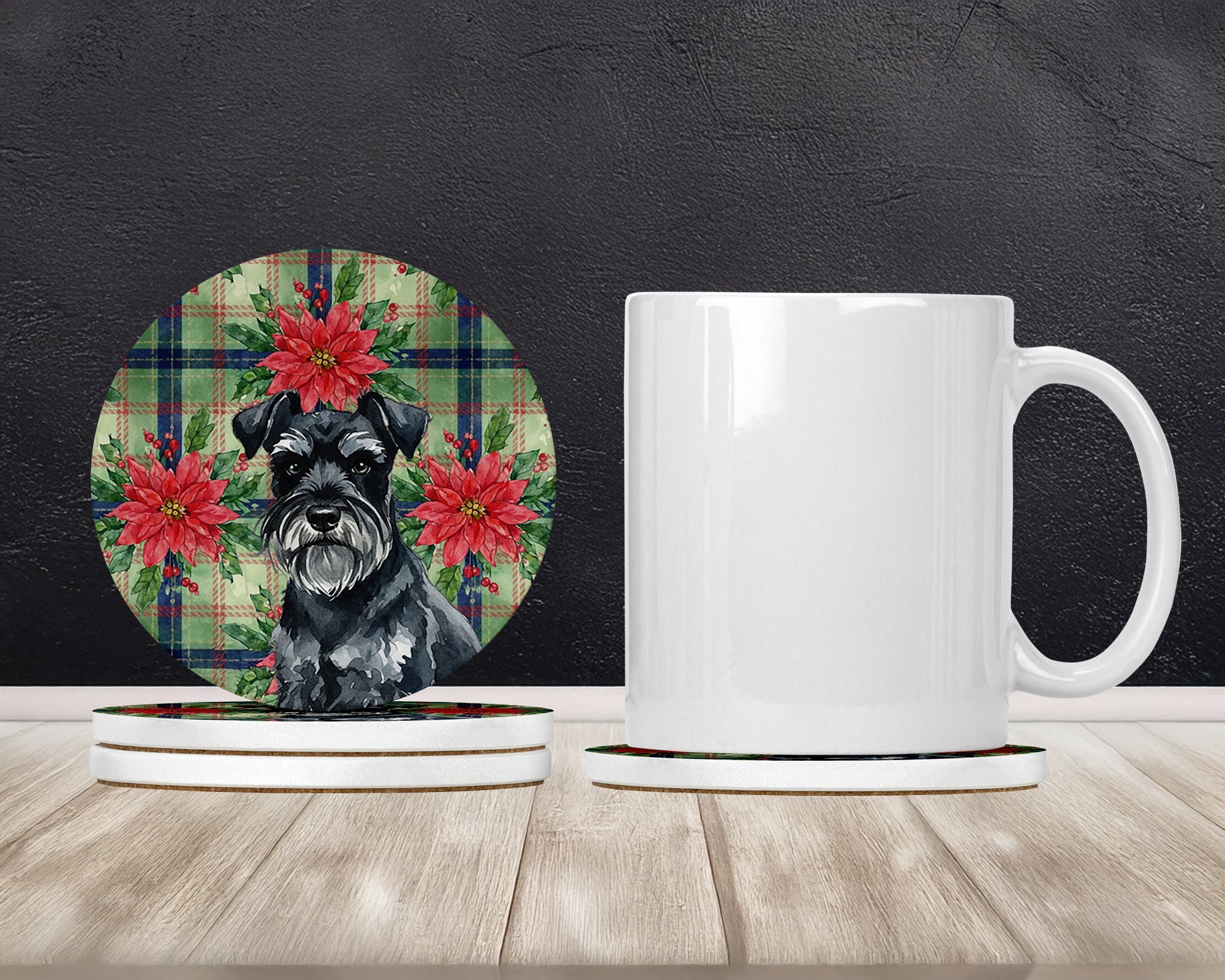 Black Miniature Schnauzer Christmas PoinsettIas Large Sandstone Coasters Pack of 4 Absorbent Round Coasters Decor Gifts for Men or Women, 4 in, Multicolor