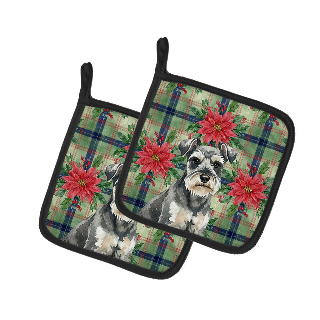 Miniature Schnauzer Christmas PoinsettIas Pot Holder Set of 2 Heat Resistant Quilted Hot Pads 7.5 x 7.5 Inch, Insulated Kitchen Trivets for Cooking & Baking
