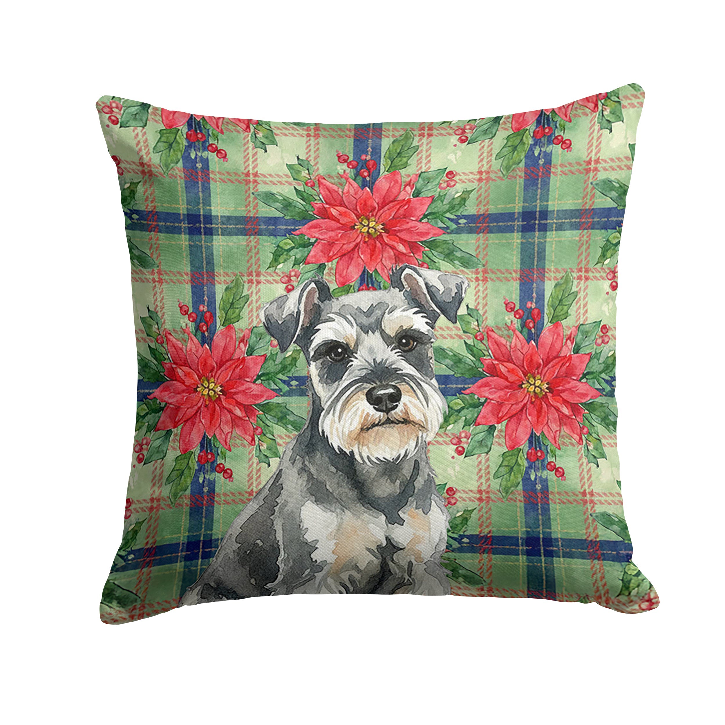 Miniature Schnauzer Christmas PoinsettIas Decorative Throw Pillow 18x18 Indoor Outdoor Accent Cushion, Fabric Cover with Insert for Sofa, Bed, Porch & Living Room