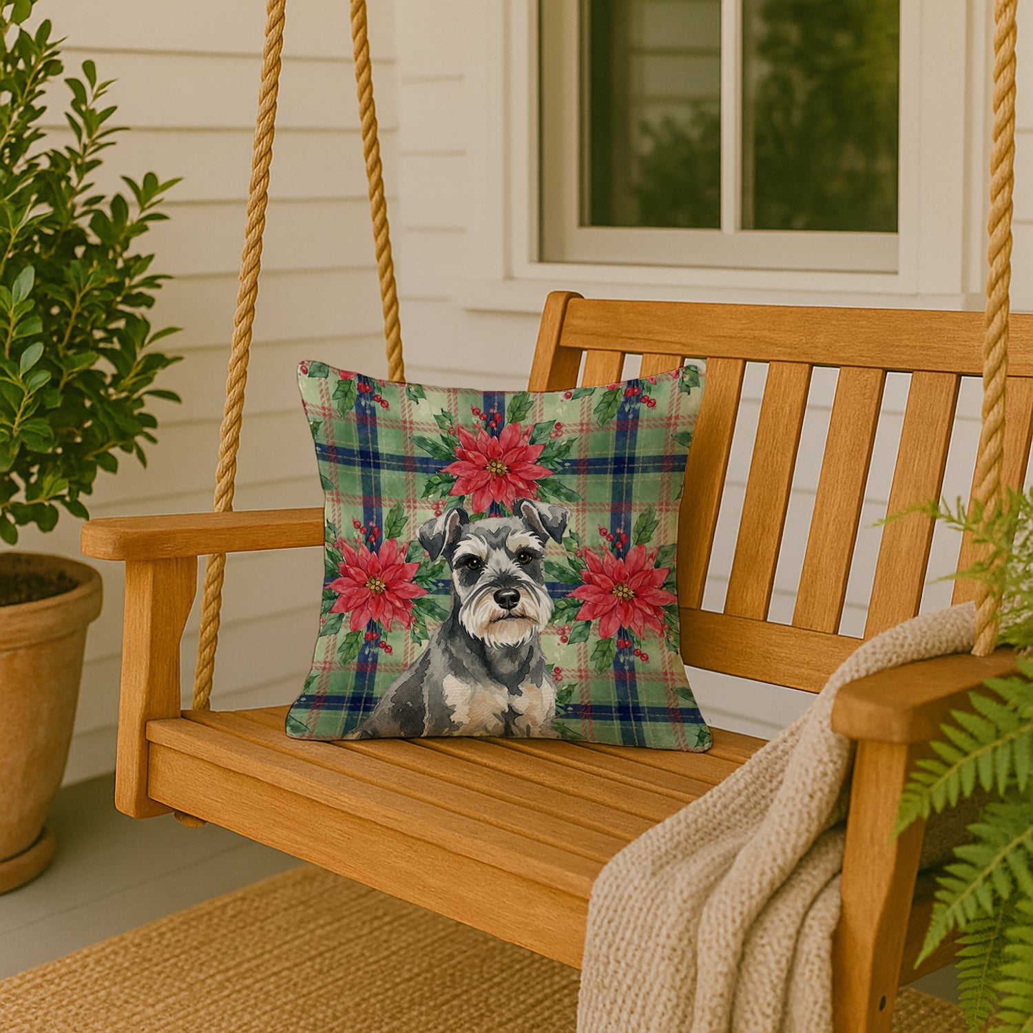Miniature Schnauzer Christmas PoinsettIas Decorative Throw Pillow 18x18 Indoor Outdoor Accent Cushion, Fabric Cover with Insert for Sofa, Bed, Porch & Living Room
