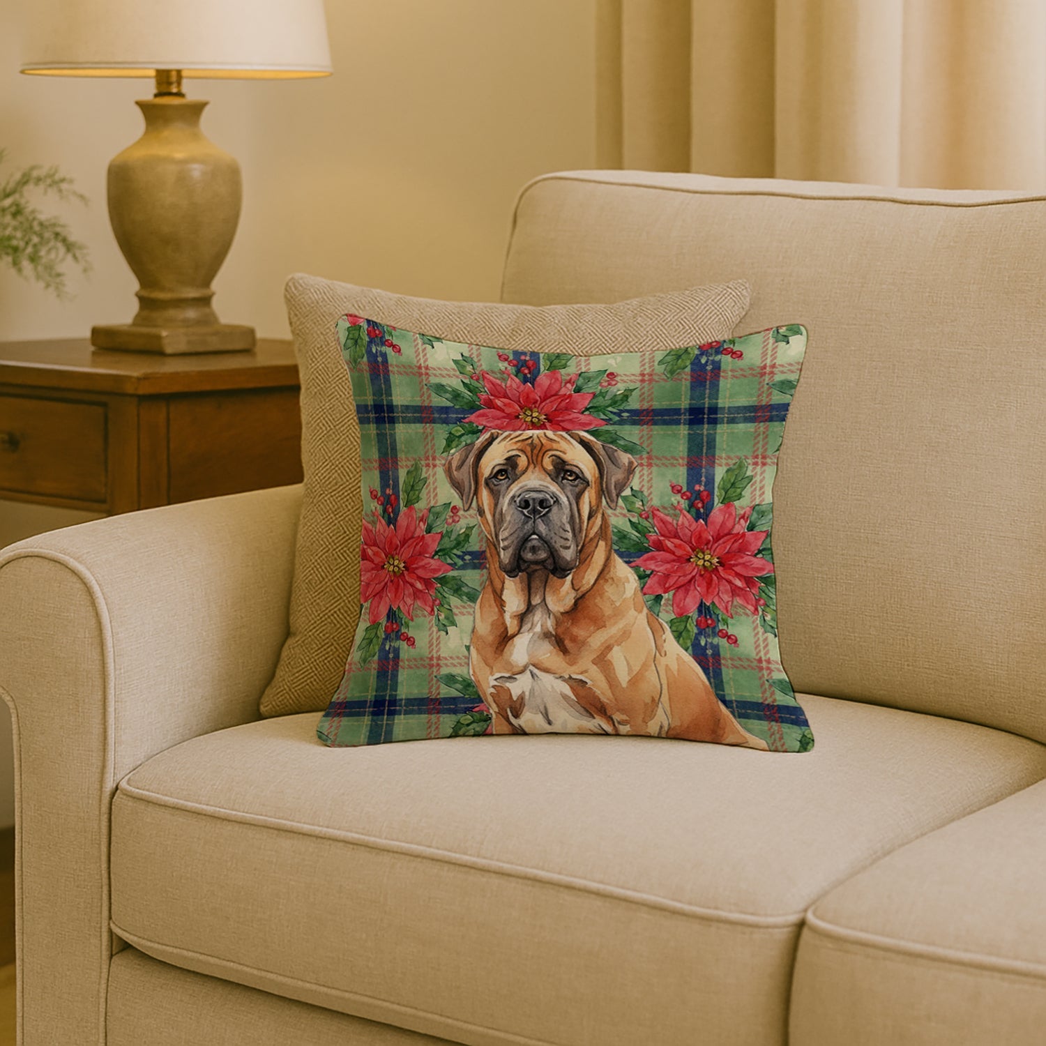 Neapolitan Mastiff Christmas PoinsettIas Decorative Throw Pillow 18x18 Indoor Outdoor Accent Cushion, Fabric Cover with Insert for Sofa, Bed, Porch & Living Room