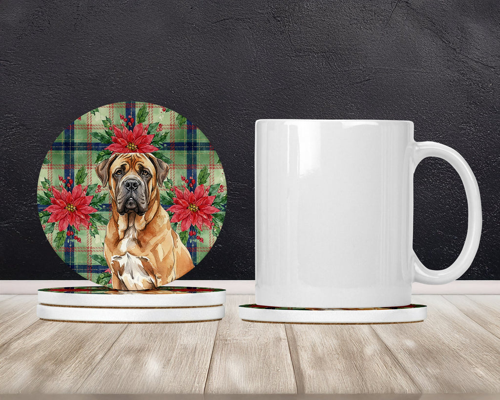 Neapolitan Mastiff Christmas PoinsettIas Large Sandstone Coasters Pack of 4 Absorbent Round Coasters Decor Gifts for Men or Women, 4 in, Multicolor
