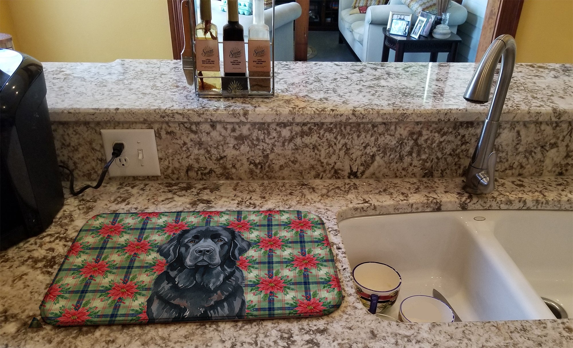 Black Newfoundland Christmas PoinsettIas Dish Drying Mat Absorbent Dish Drying Mat Pad for Kitchen Counter Dish Drainer Mat for Countertop, 14 x 21", Multicolor