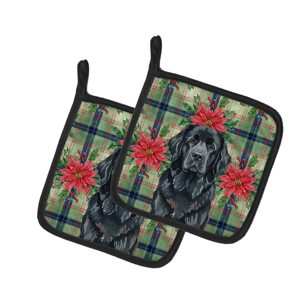 Black Newfoundland Christmas PoinsettIas Pot Holder Set of 2 Heat Resistant Quilted Hot Pads 7.5 x 7.5 Inch, Insulated Kitchen Trivets for Cooking & Baking