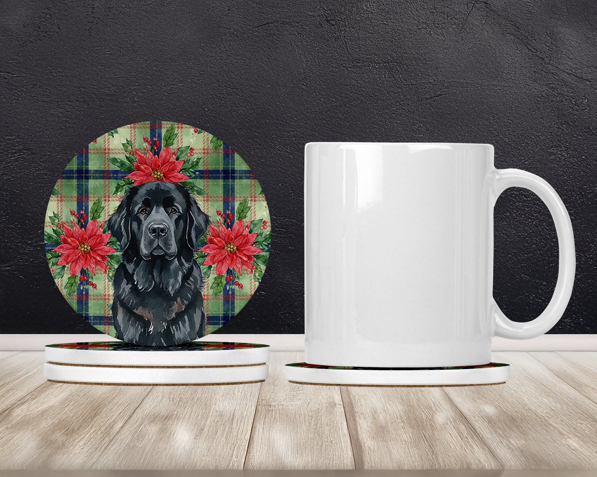 Black Newfoundland Christmas PoinsettIas Large Sandstone Coasters Pack of 4 Absorbent Round Coasters Decor Gifts for Men or Women, 4 in, Multicolor