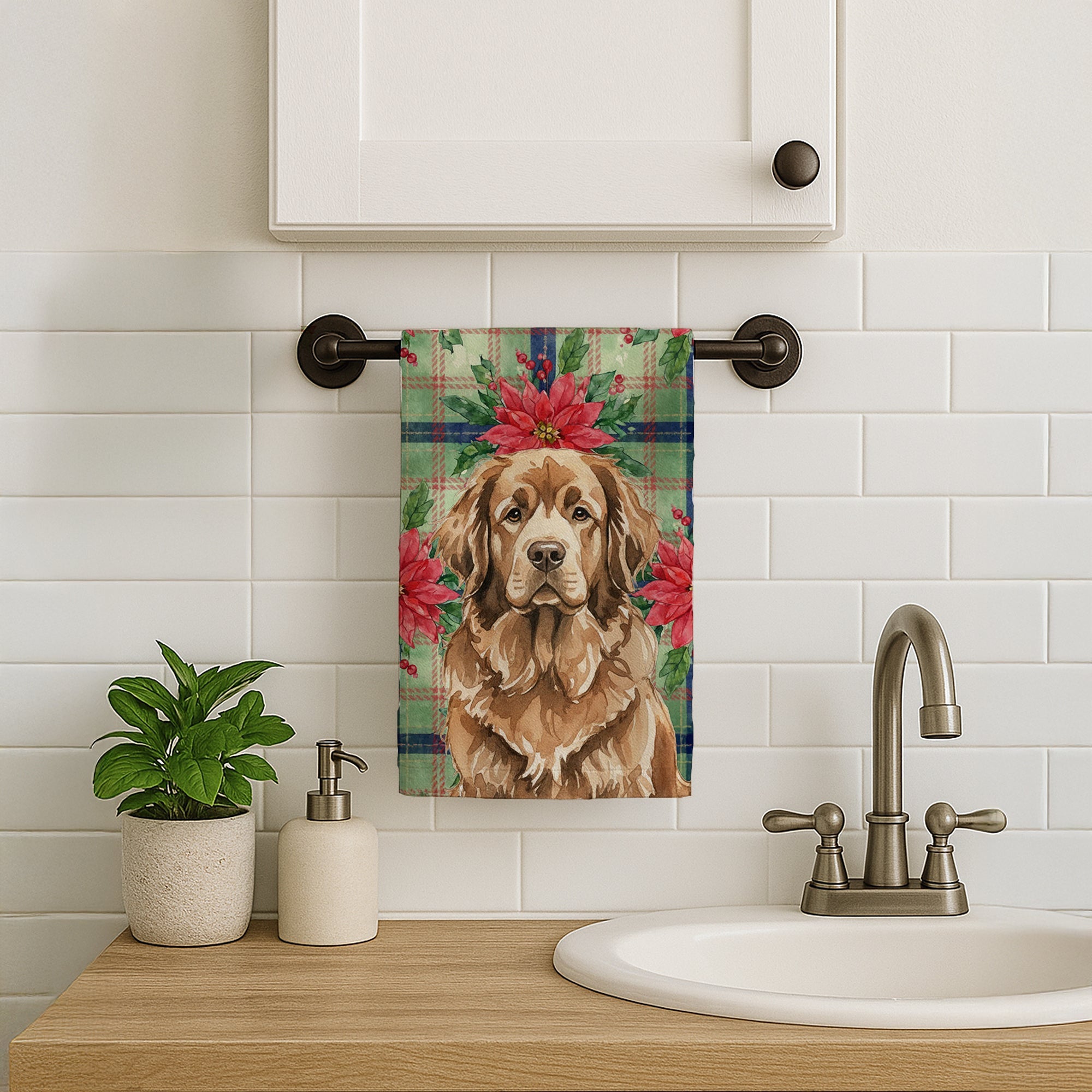 Brown Newfoundland Christmas PoinsettIas Kitchen Towel Velour Plush Front and Cotton Loop Back Machine Washable