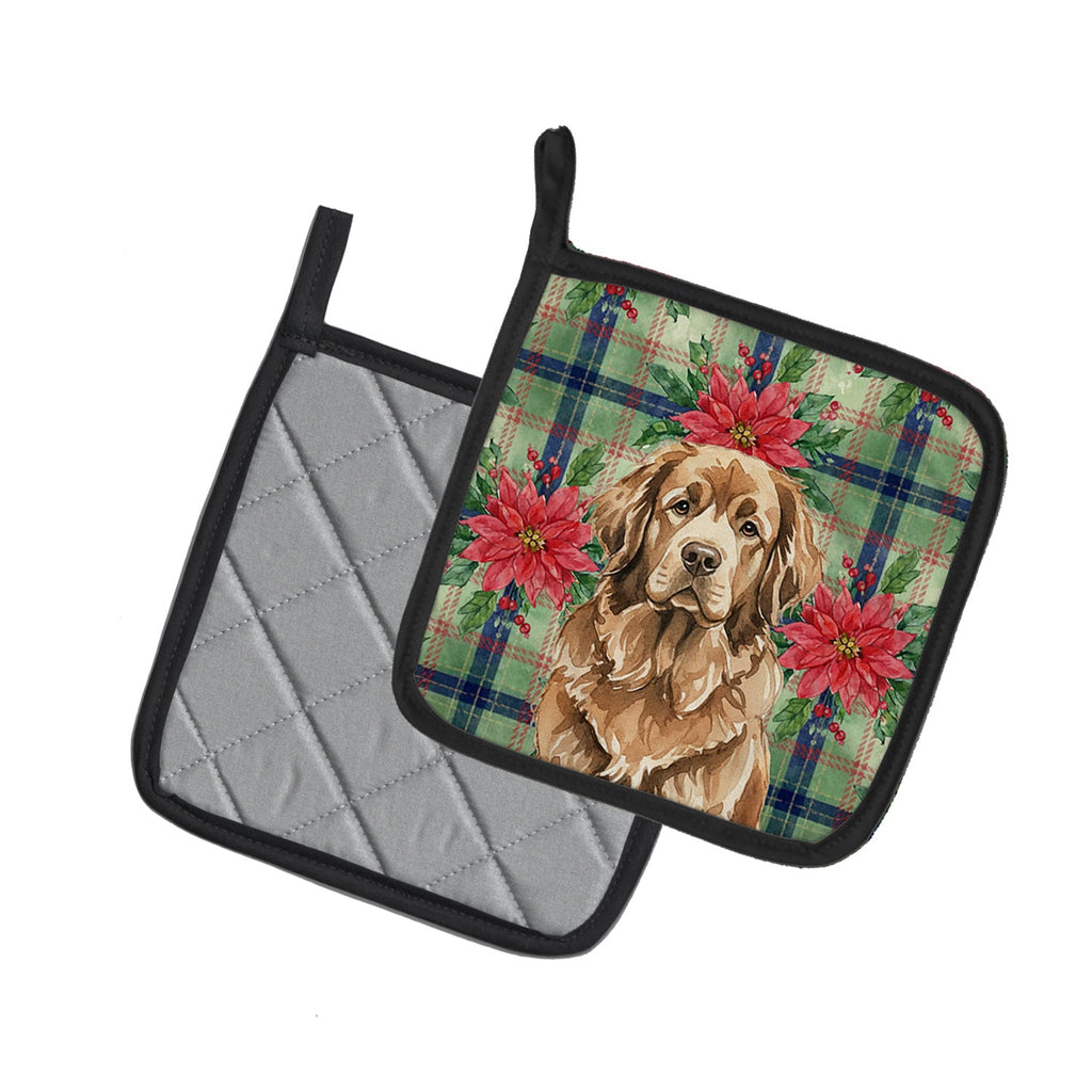 Brown Newfoundland Christmas PoinsettIas Pot Holder Set of 2 Heat Resistant Quilted Hot Pads 7.5 x 7.5 Inch, Insulated Kitchen Trivets for Cooking & Baking