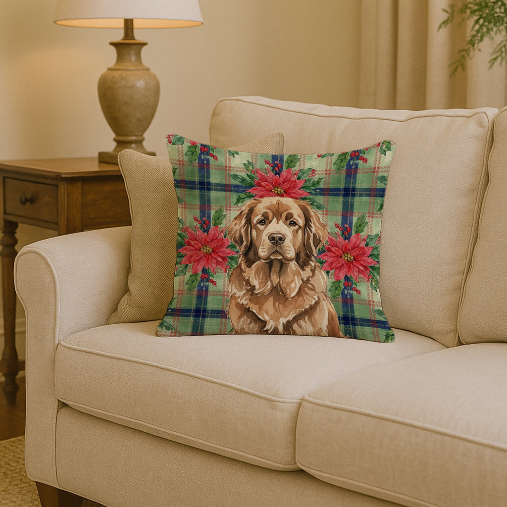 Brown Newfoundland Christmas PoinsettIas Decorative Throw Pillow 14x14 Indoor Outdoor Accent Cushion, Fabric Cover with Insert for Sofa, Bed, Porch & Living Room
