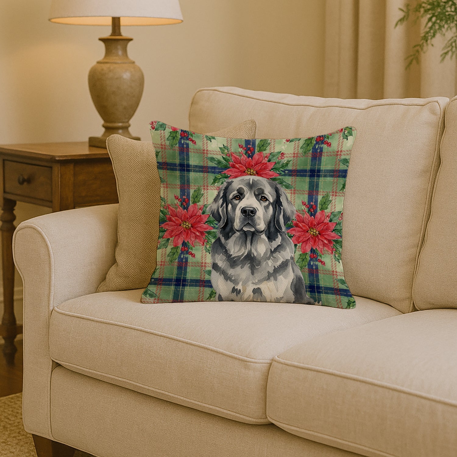 Gray Newfoundland Christmas PoinsettIas Decorative Throw Pillow 14x14 Indoor Outdoor Accent Cushion, Fabric Cover with Insert for Sofa, Bed, Porch & Living Room