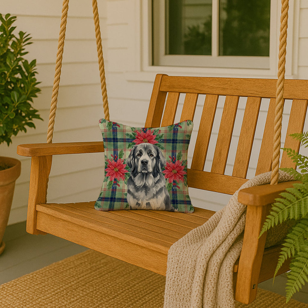 Gray Newfoundland Christmas PoinsettIas Decorative Throw Pillow 14x14 Indoor Outdoor Accent Cushion, Fabric Cover with Insert for Sofa, Bed, Porch & Living Room
