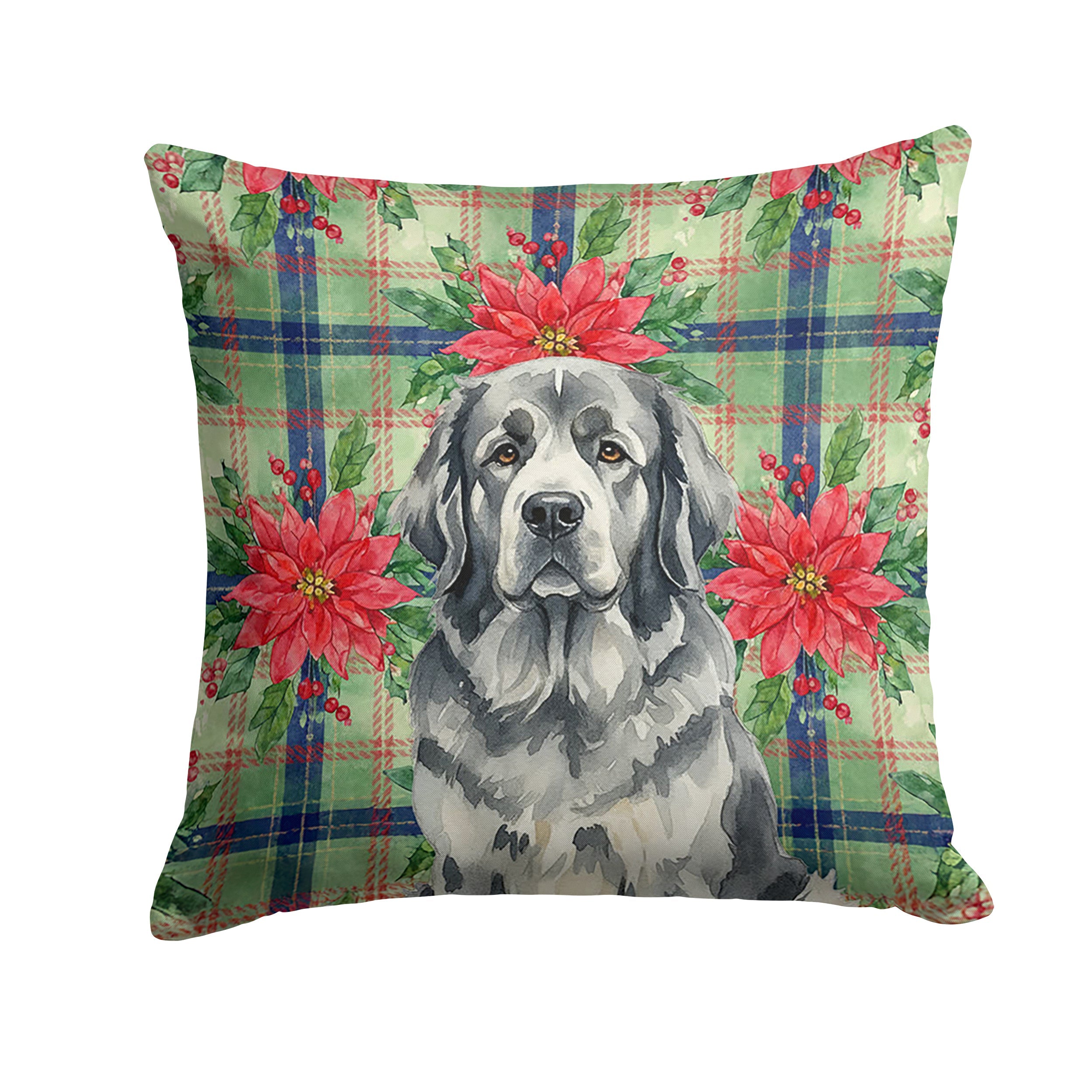 Gray Newfoundland Christmas PoinsettIas Decorative Throw Pillow 18x18 Indoor Outdoor Accent Cushion, Fabric Cover with Insert for Sofa, Bed, Porch & Living Room