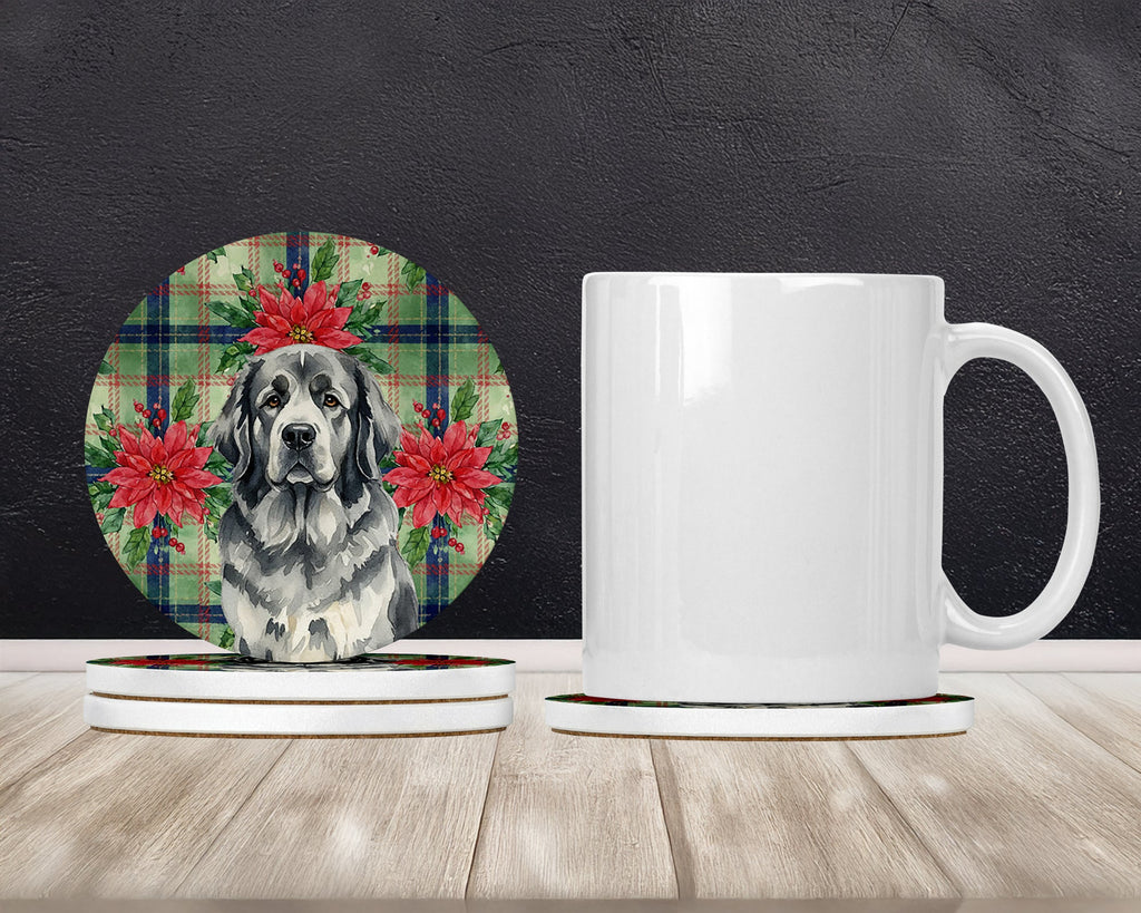 Gray Newfoundland Christmas PoinsettIas Large Sandstone Coasters Pack of 4 Absorbent Round Coasters Decor Gifts for Men or Women, 4 in, Multicolor