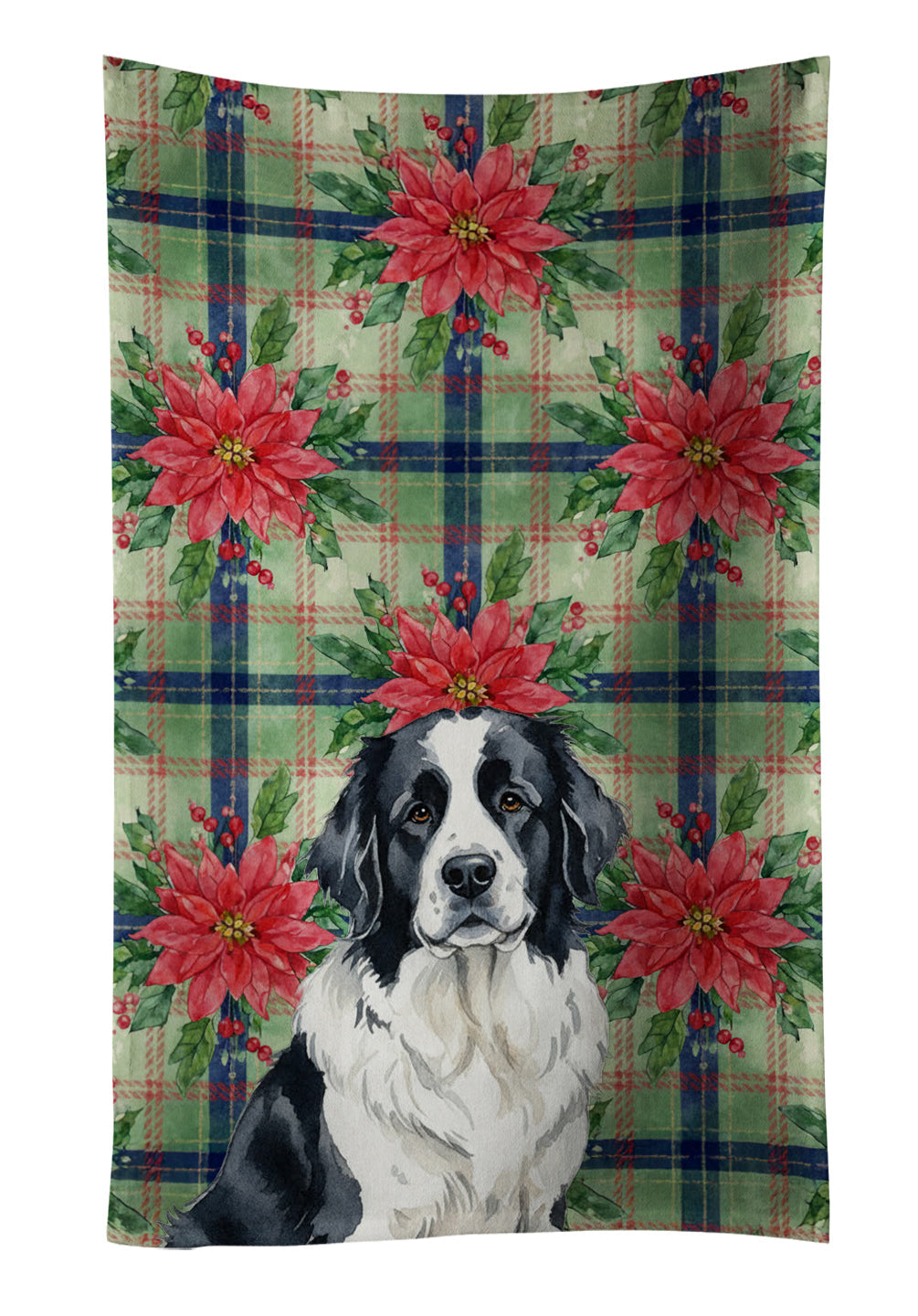 Landseer Newfoundland Christmas PoinsettIas Kitchen Towel Velour Plush Front and Cotton Loop Back Machine Washable